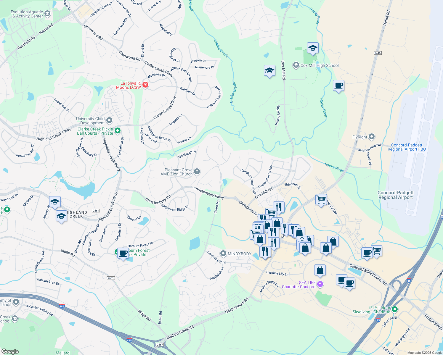 map of restaurants, bars, coffee shops, grocery stores, and more near 2446 Christenbury Hall Drive Northwest in Concord