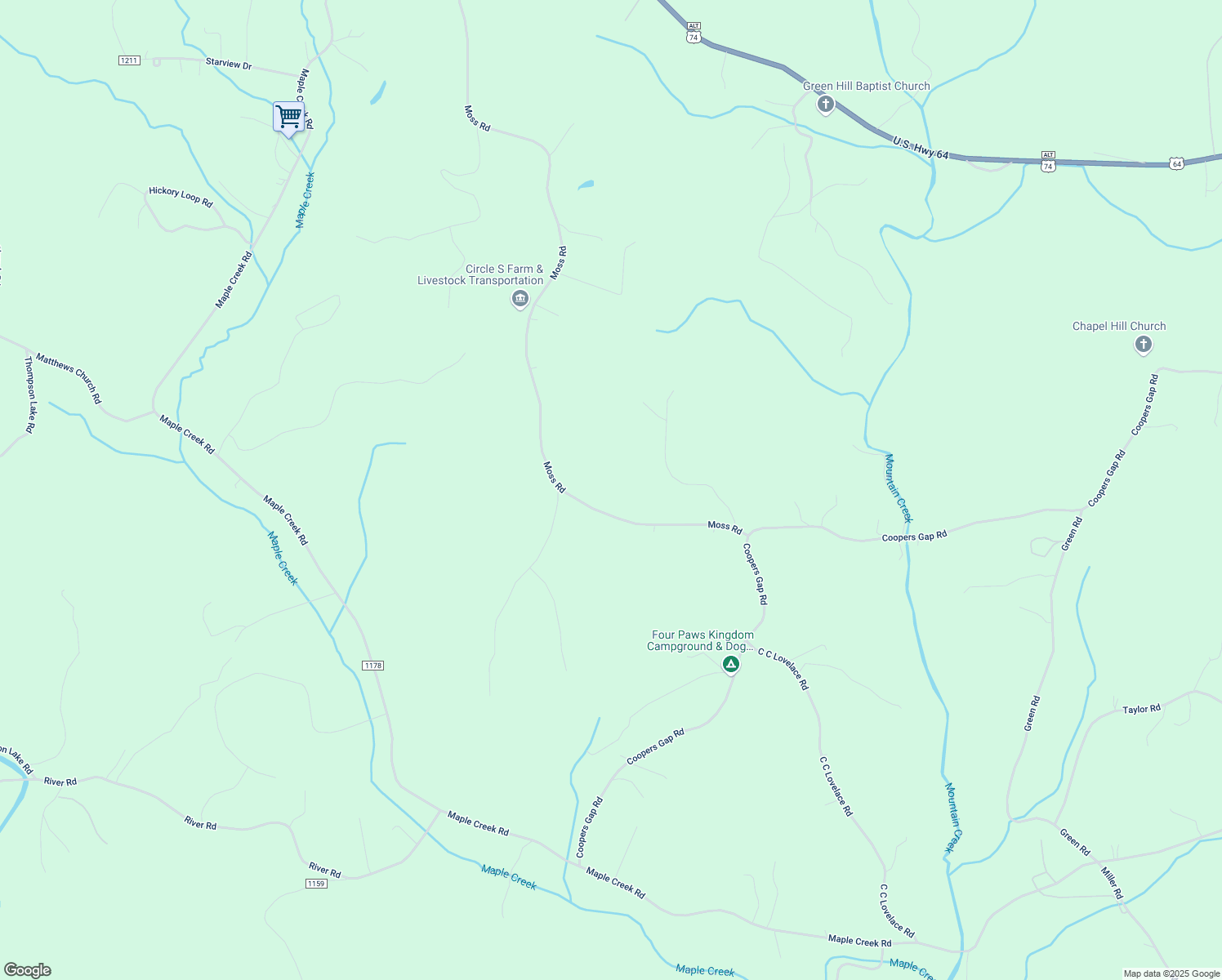 map of restaurants, bars, coffee shops, grocery stores, and more near 1175 Moss Road in Rutherfordton