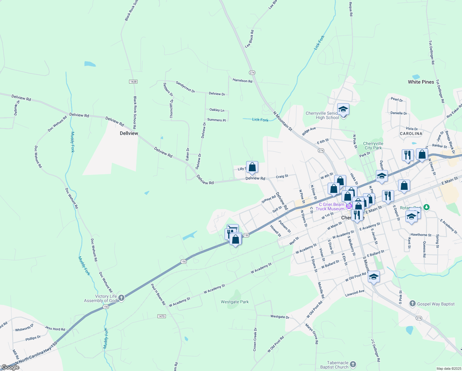 map of restaurants, bars, coffee shops, grocery stores, and more near 1107 Delview Road in Cherryville