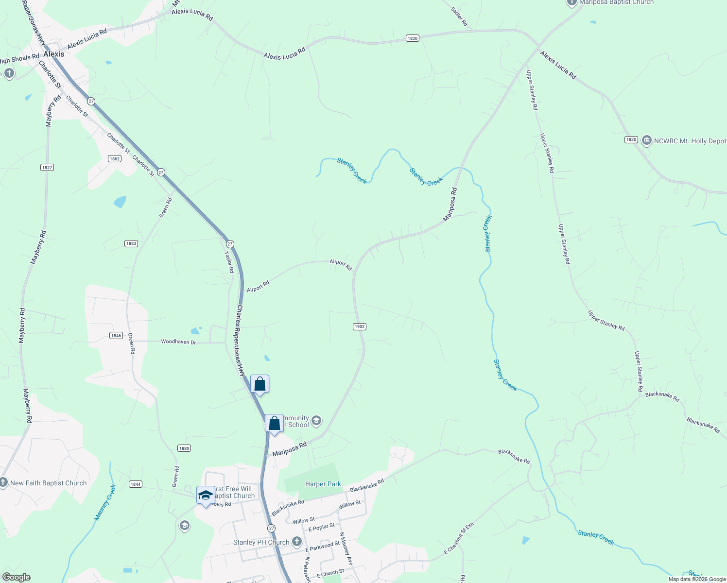map of restaurants, bars, coffee shops, grocery stores, and more near 510 Mariposa Road in Stanley
