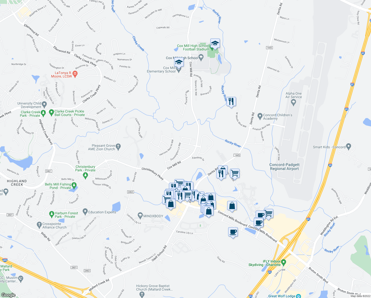 map of restaurants, bars, coffee shops, grocery stores, and more near 9585 Camberley Avenue Northwest in Concord