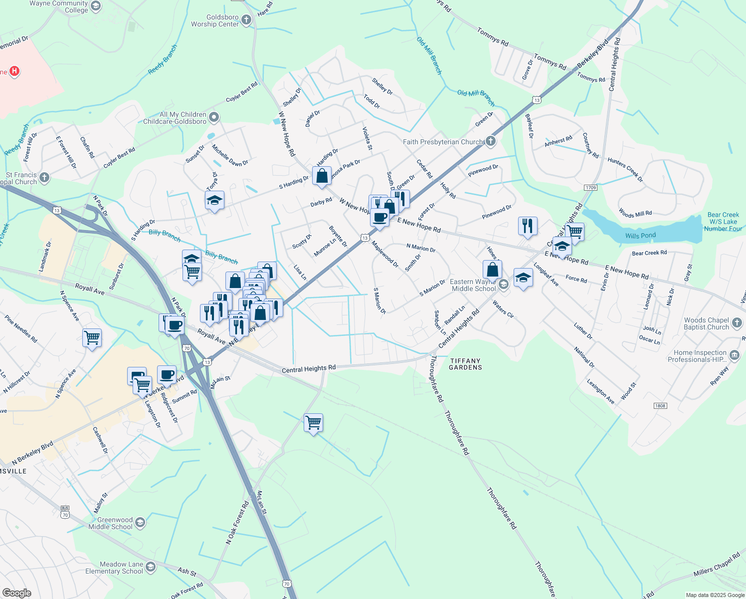 map of restaurants, bars, coffee shops, grocery stores, and more near 126 South Marion Drive in Goldsboro