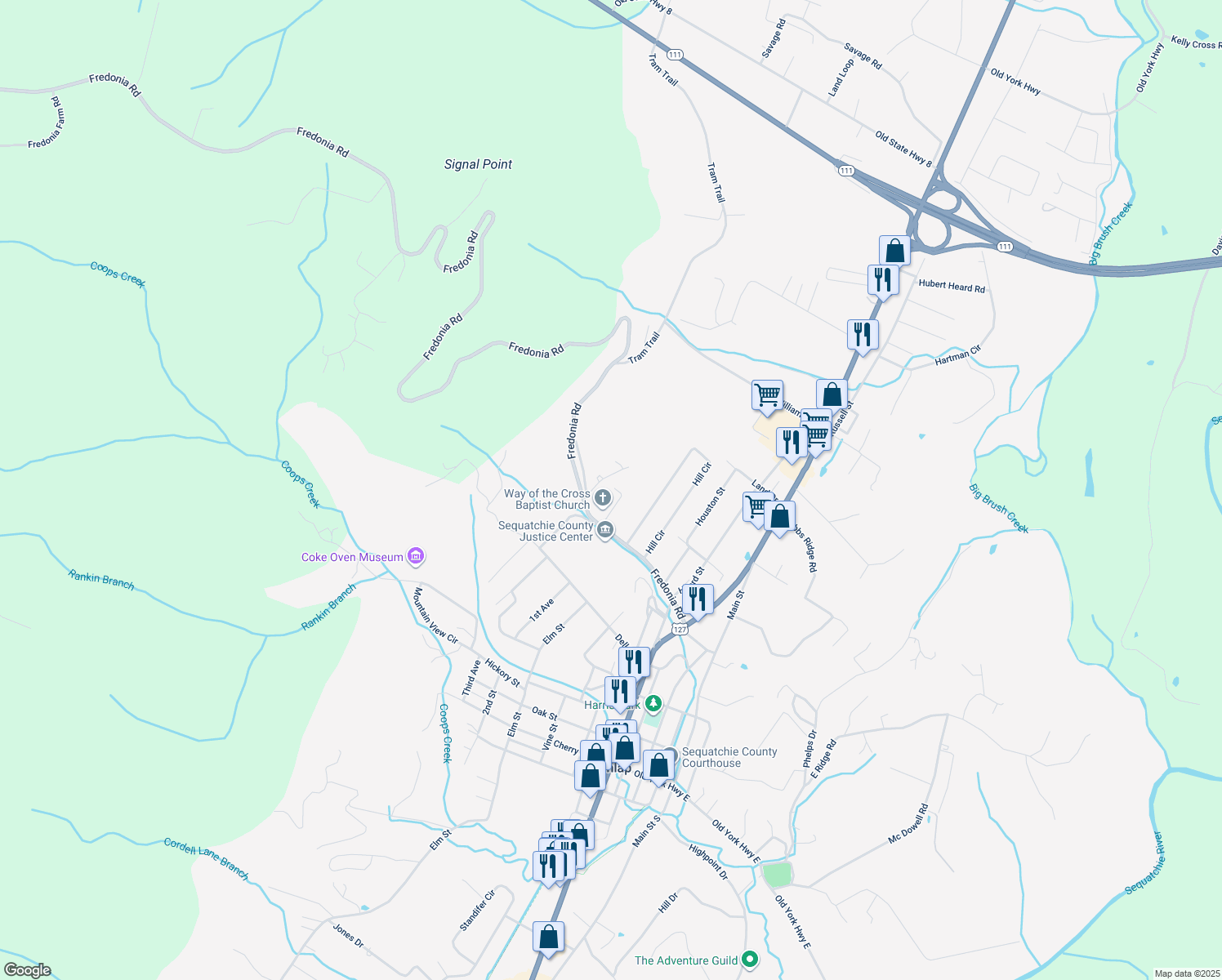 map of restaurants, bars, coffee shops, grocery stores, and more near 105 Faith Lane in Dunlap