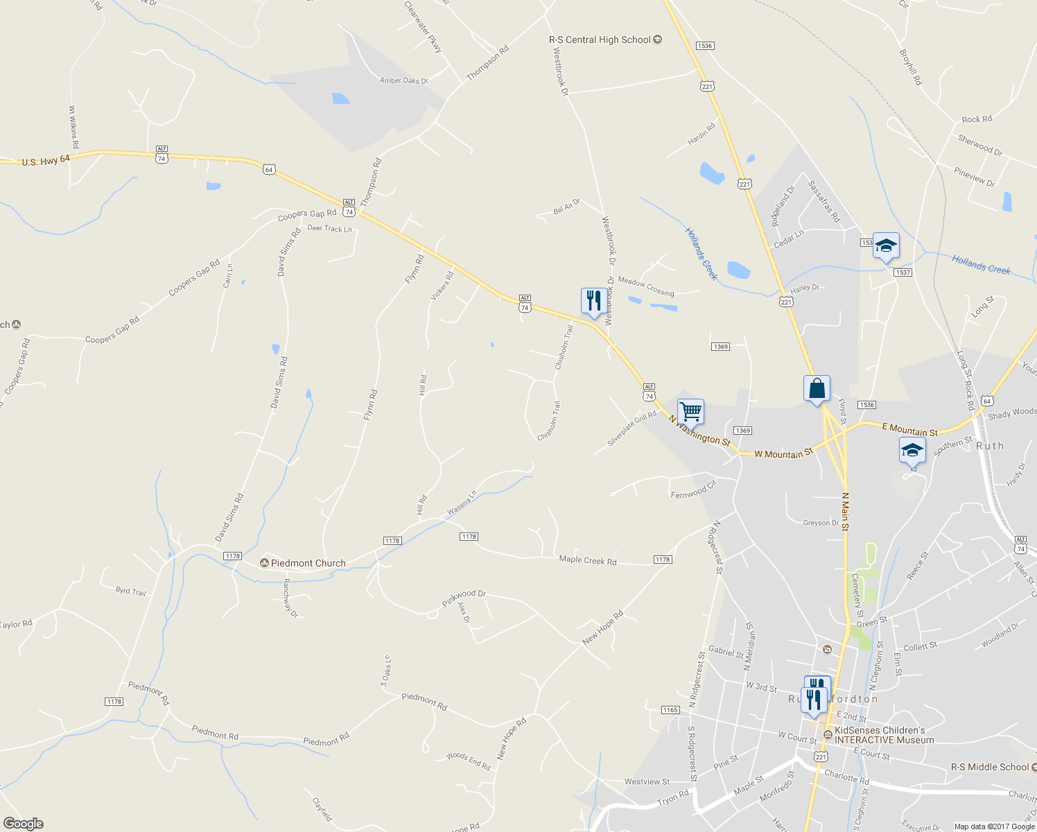 map of restaurants, bars, coffee shops, grocery stores, and more near 391 Chisholm Trail in Rutherfordton