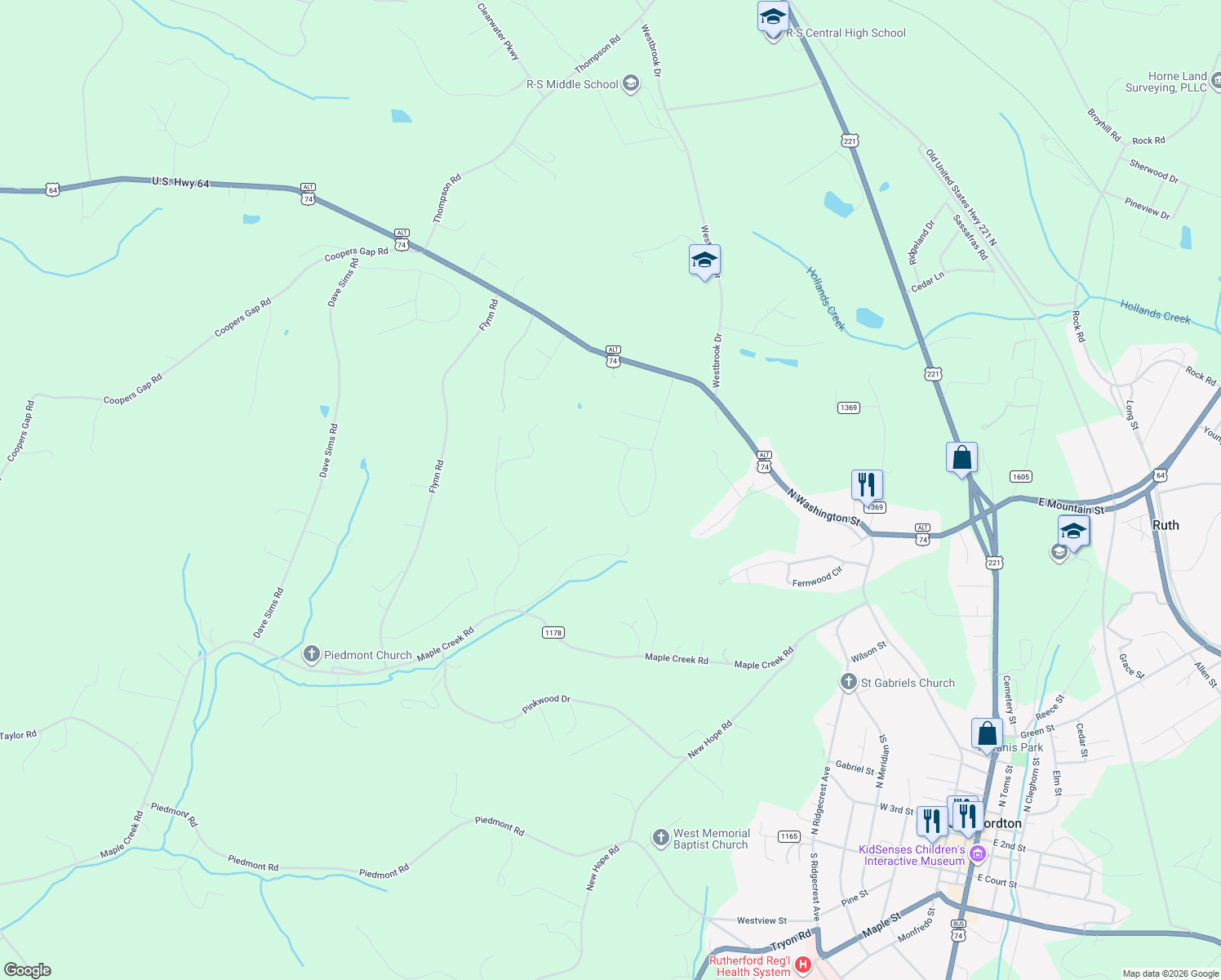 map of restaurants, bars, coffee shops, grocery stores, and more near 391 Chisholm Trail in Rutherfordton