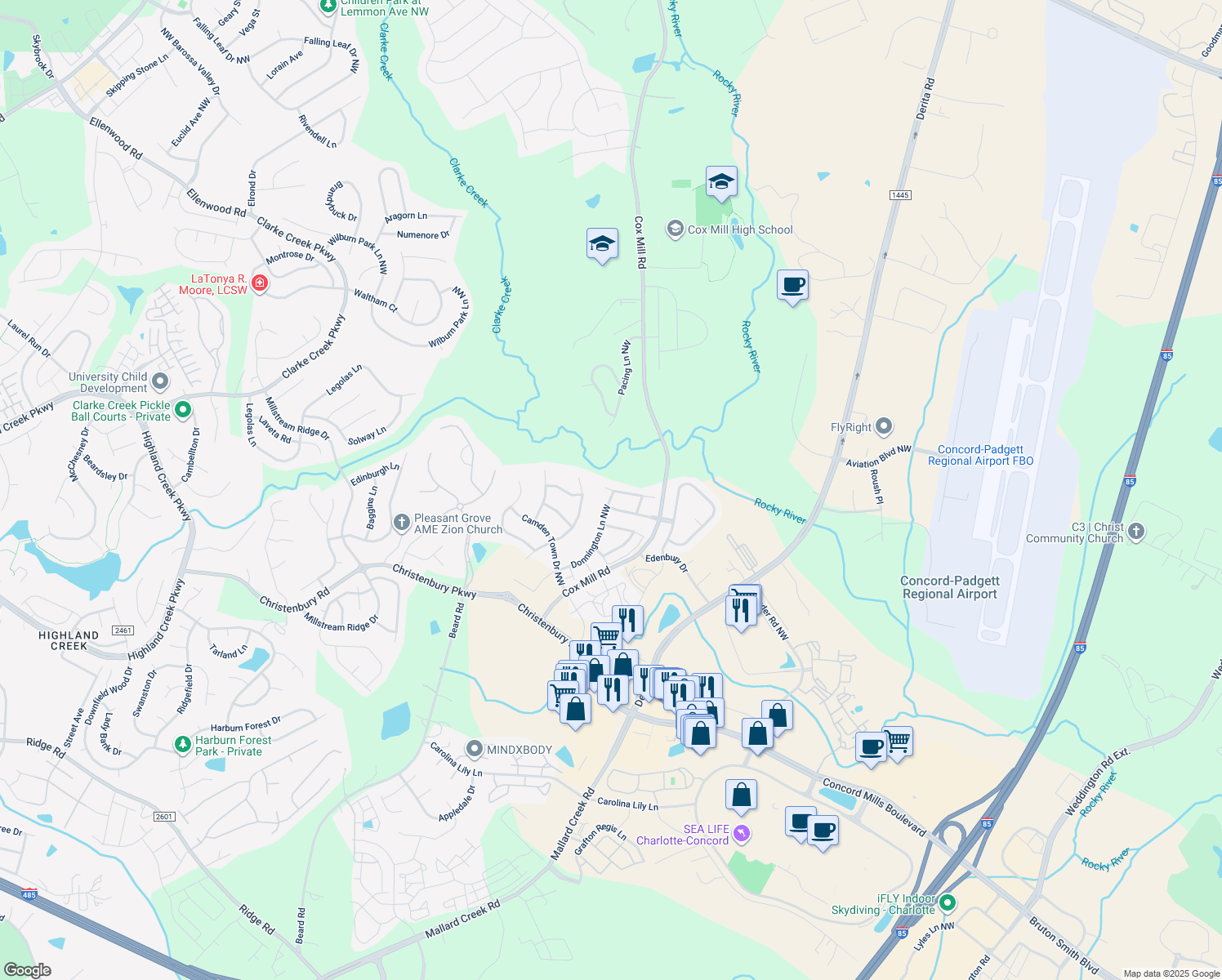 map of restaurants, bars, coffee shops, grocery stores, and more near 9562 Clarke's Meadow Drive Northwest in Concord