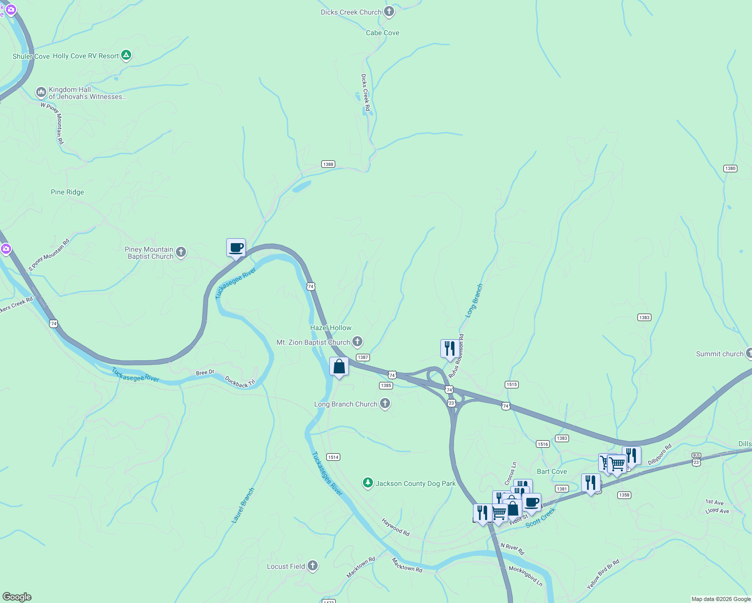 map of restaurants, bars, coffee shops, grocery stores, and more near 69 Chad Circle in Sylva