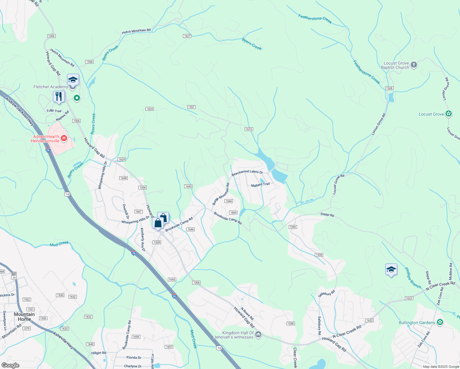 map of restaurants, bars, coffee shops, grocery stores, and more near 4 Beechwood Lakes Drive in Hendersonville