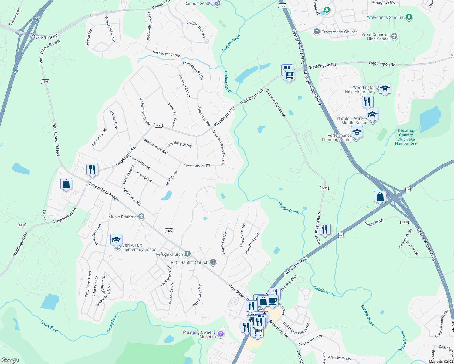 map of restaurants, bars, coffee shops, grocery stores, and more near 2039 Stoney Creek Drive Northwest in Concord
