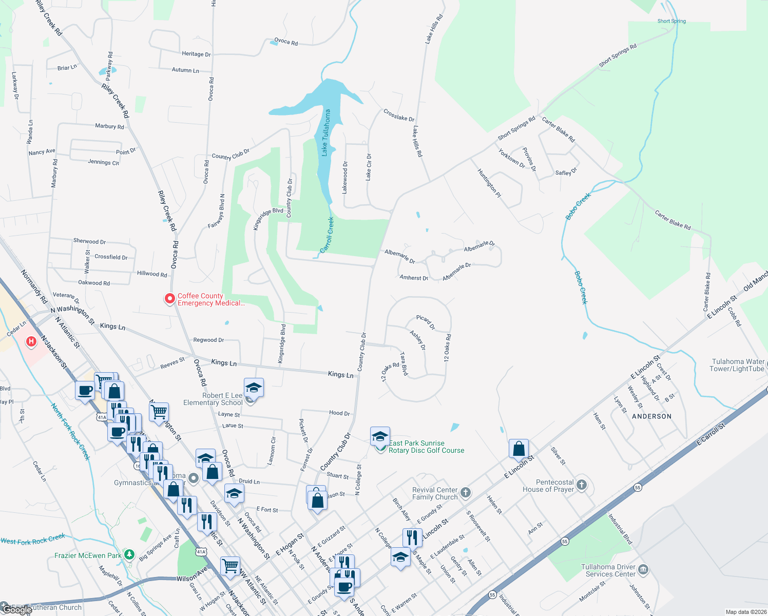 map of restaurants, bars, coffee shops, grocery stores, and more near 205 12 Oaks Road in Tullahoma