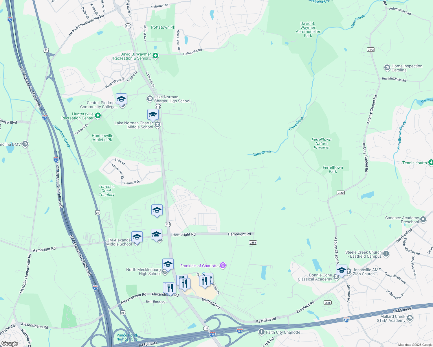 map of restaurants, bars, coffee shops, grocery stores, and more near 14003 Bordley Place in Huntersville