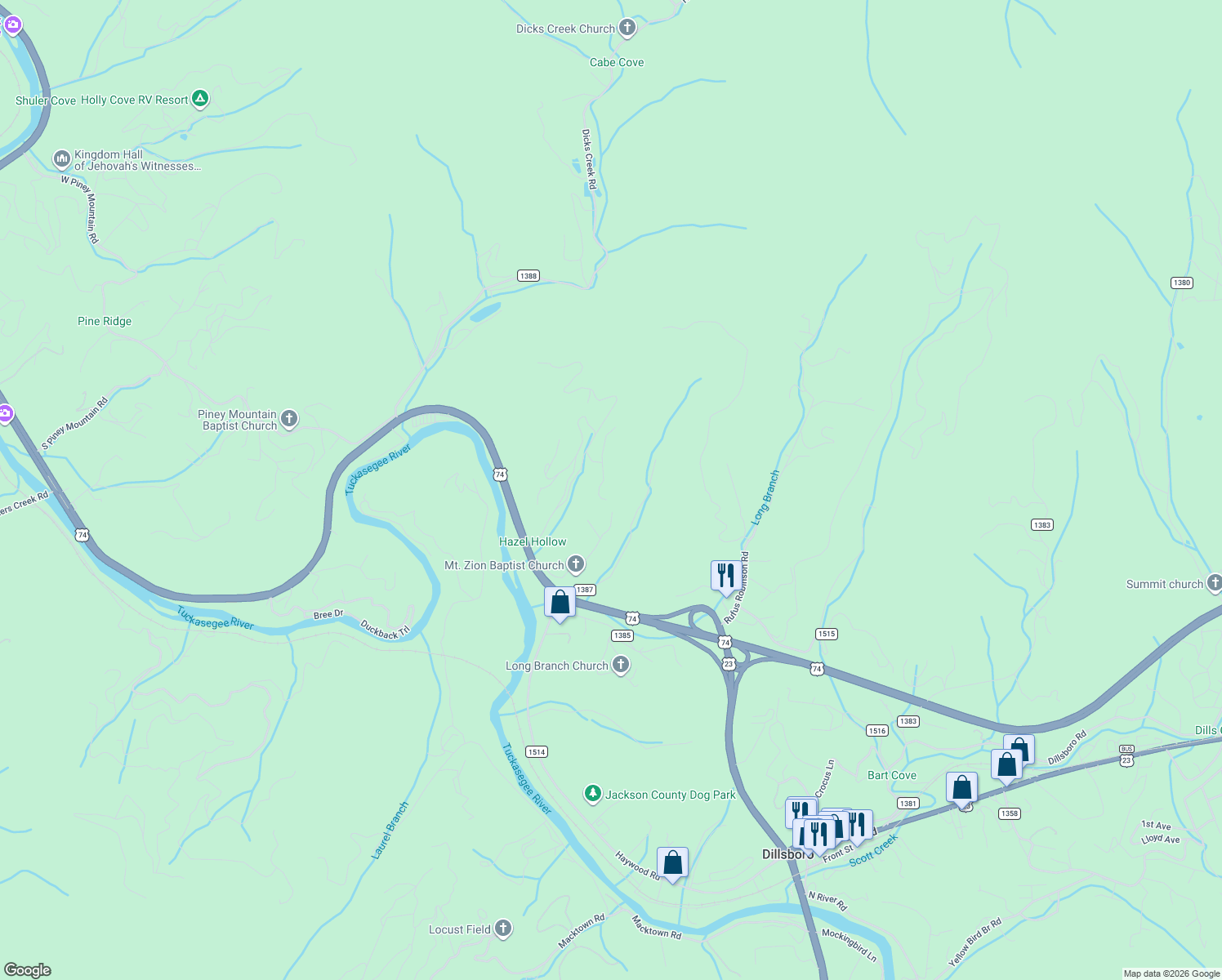 map of restaurants, bars, coffee shops, grocery stores, and more near 69 Chad Circle in Sylva