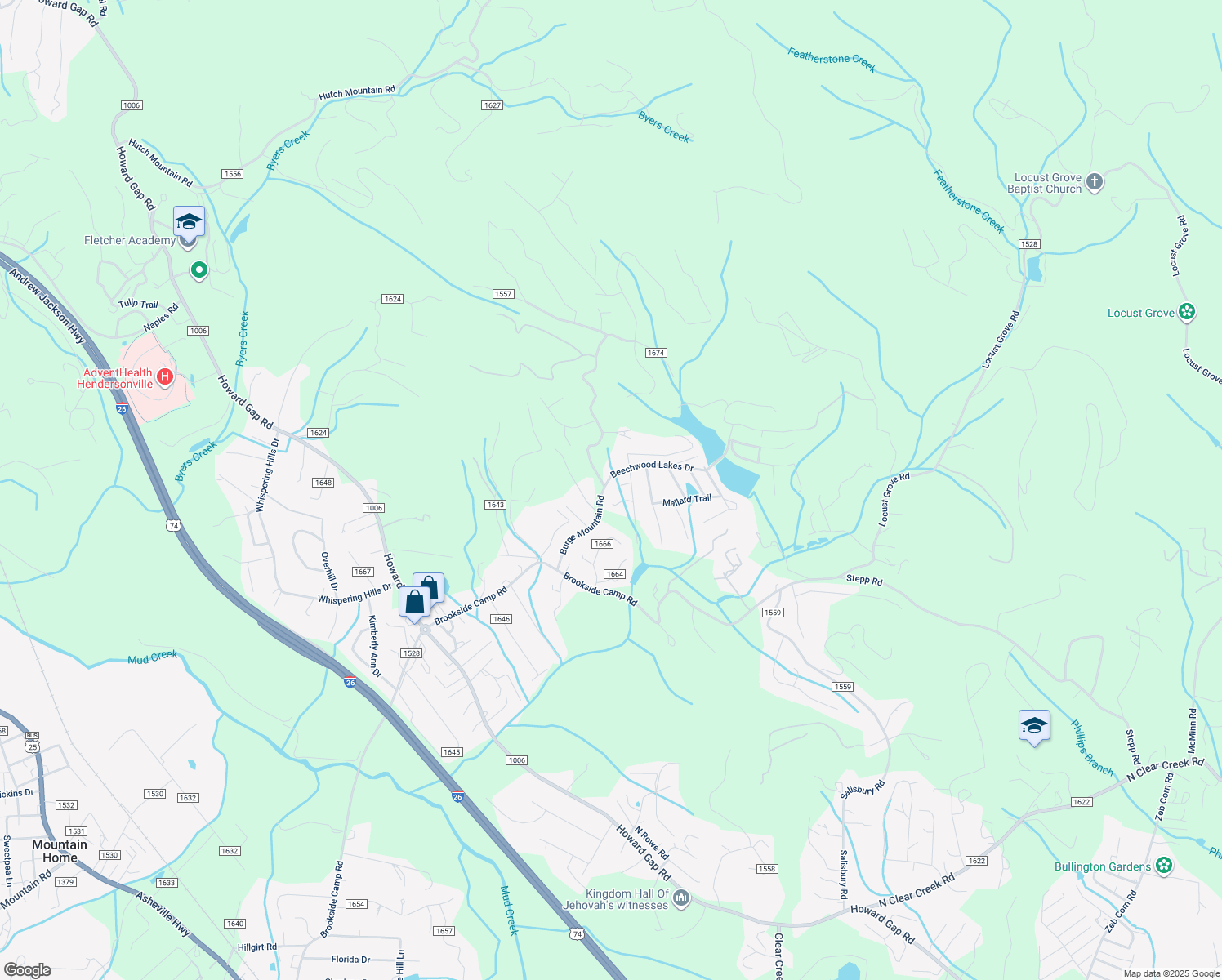 map of restaurants, bars, coffee shops, grocery stores, and more near 4 Beechwood Lakes Drive in Hendersonville
