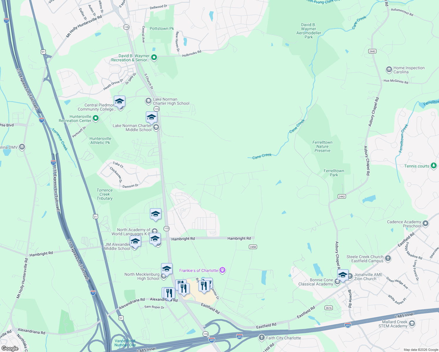 map of restaurants, bars, coffee shops, grocery stores, and more near 14003 Bordley Place in Huntersville
