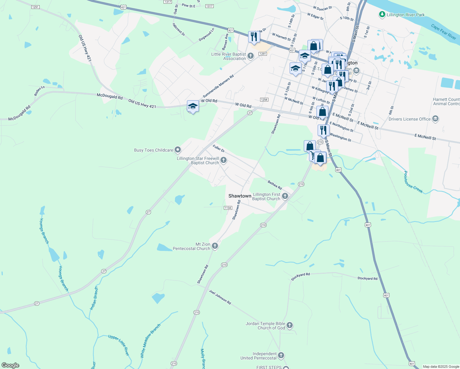 map of restaurants, bars, coffee shops, grocery stores, and more near 318 Bailey Way Road in Lillington