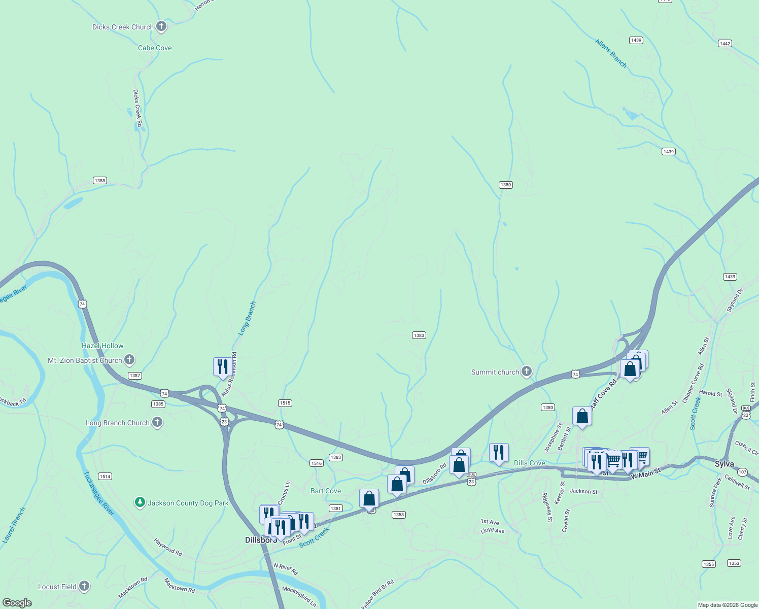 map of restaurants, bars, coffee shops, grocery stores, and more near 1190 Thornhill Drive in Sylva