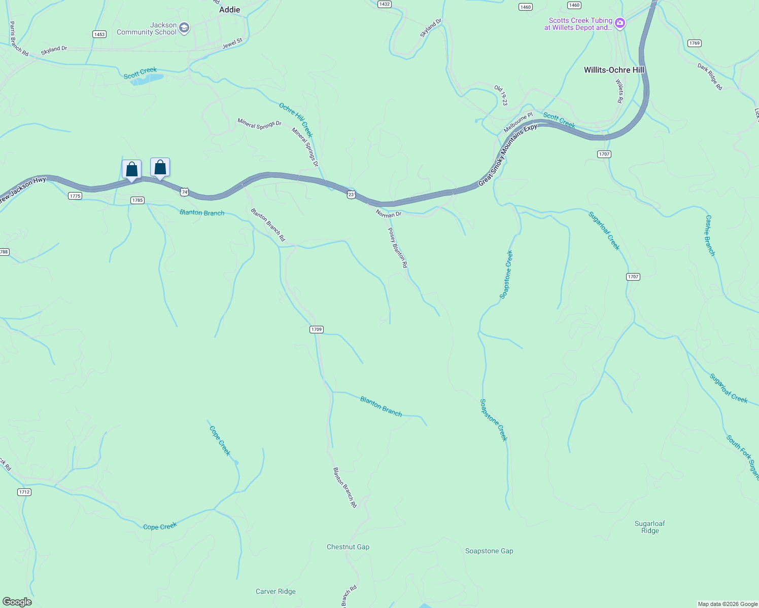 map of restaurants, bars, coffee shops, grocery stores, and more near 336 Posey Blanton Road in Sylva