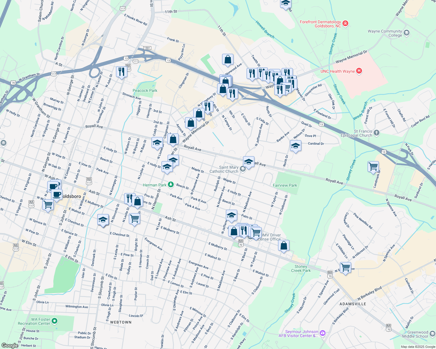 map of restaurants, bars, coffee shops, grocery stores, and more near 1313 East Maple Street in Goldsboro