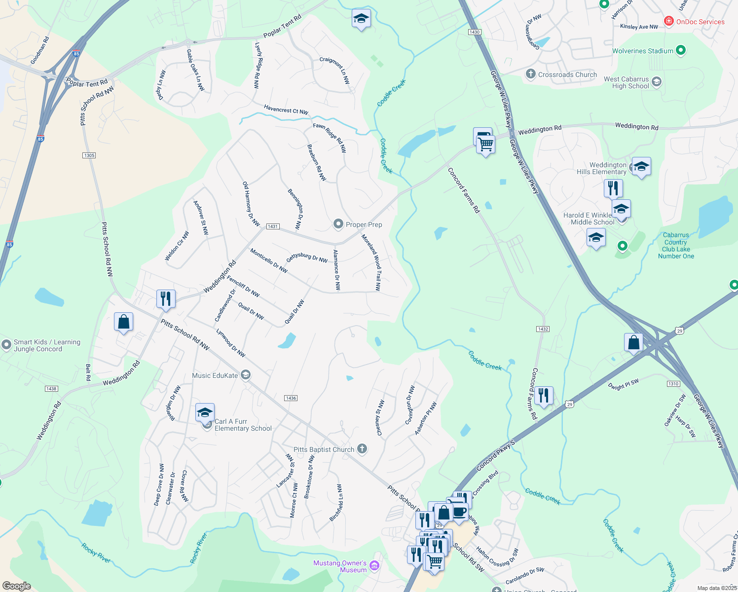 map of restaurants, bars, coffee shops, grocery stores, and more near 2000 Stoney Creek Drive Northwest in Concord