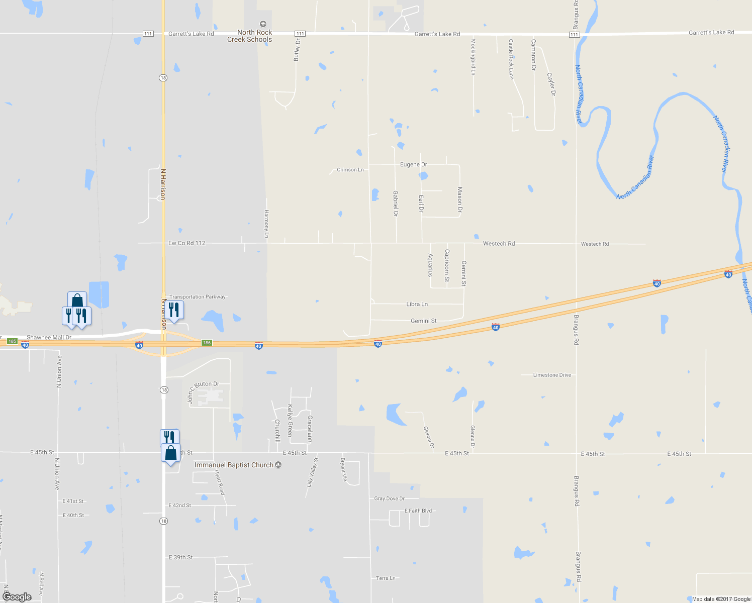 map of restaurants, bars, coffee shops, grocery stores, and more near 2302 Libra Lane in Shawnee