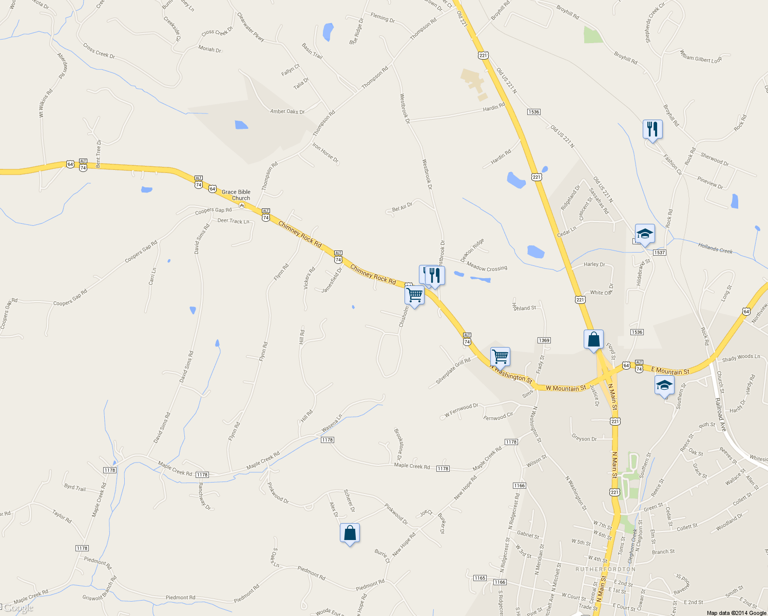 map of restaurants, bars, coffee shops, grocery stores, and more near 140 Palomino Trail in Rutherfordton
