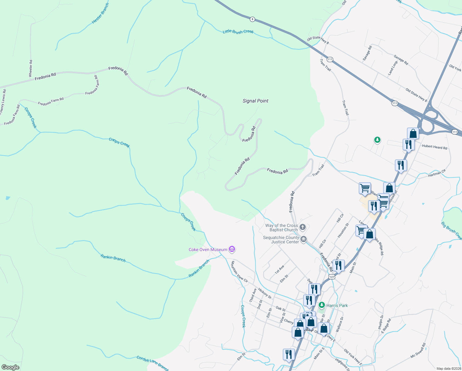 map of restaurants, bars, coffee shops, grocery stores, and more near 2000 Fredonia Road in Dunlap