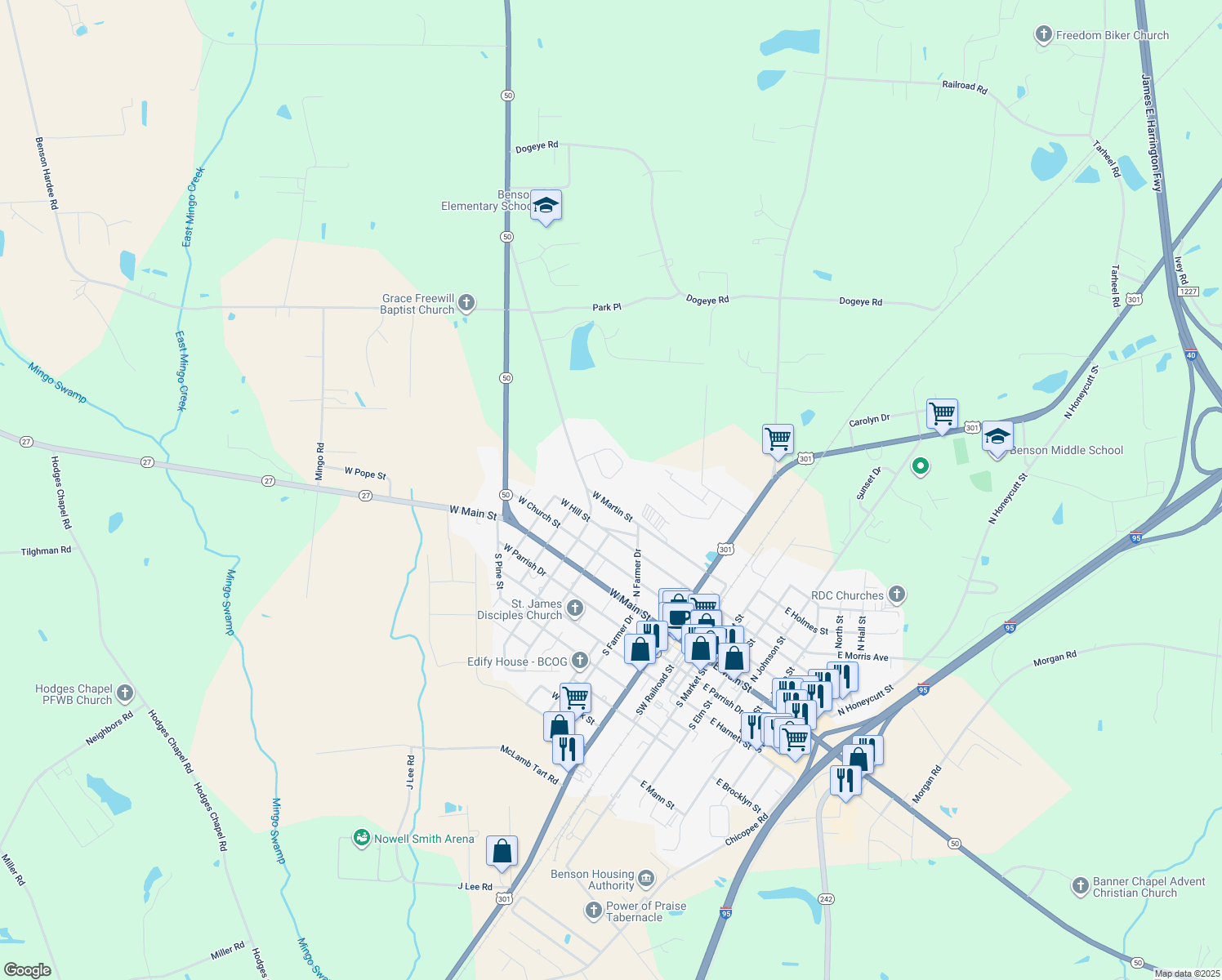 map of restaurants, bars, coffee shops, grocery stores, and more near 416 West Martin Street in Benson