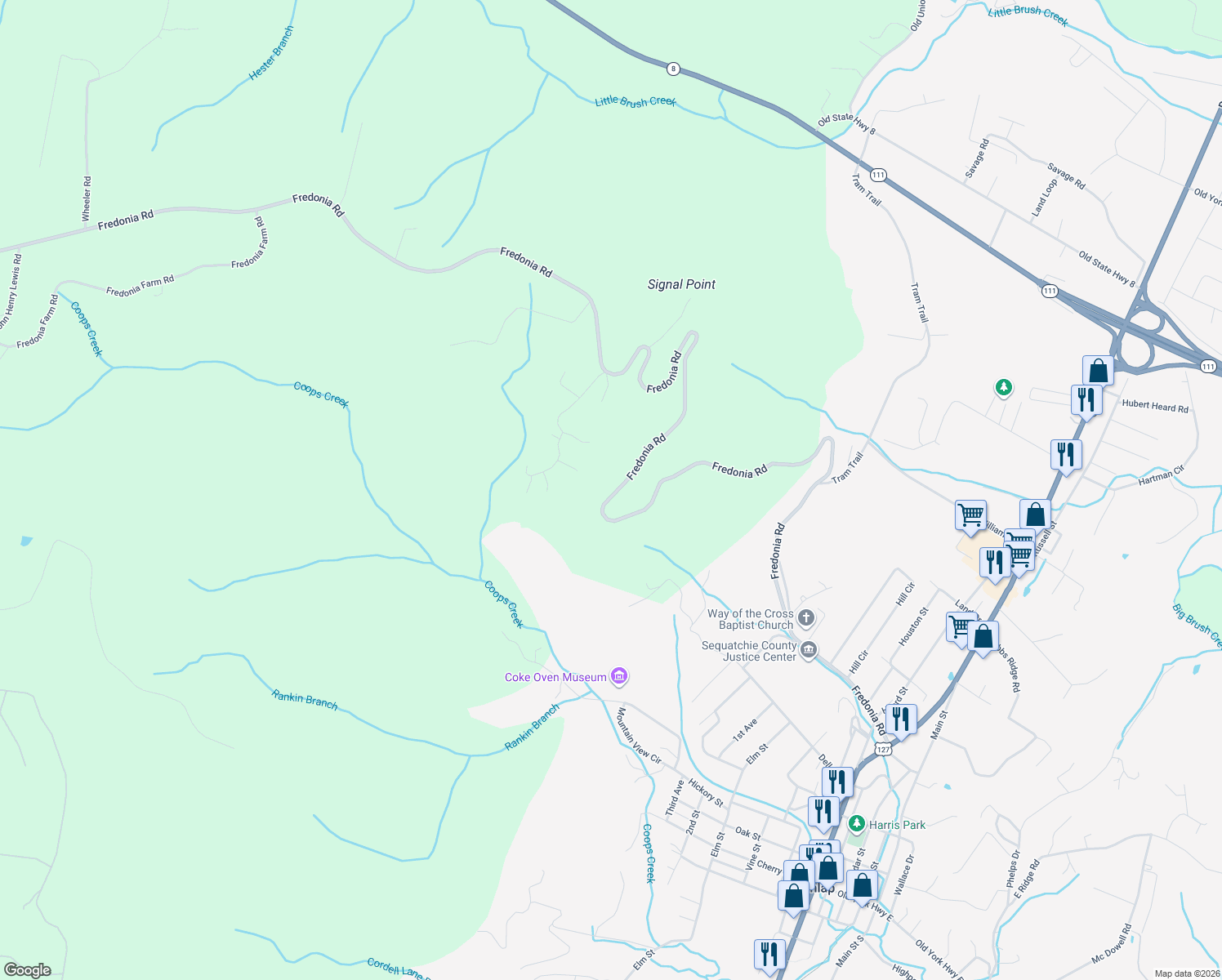 map of restaurants, bars, coffee shops, grocery stores, and more near 2003 Fredonia Road in Dunlap
