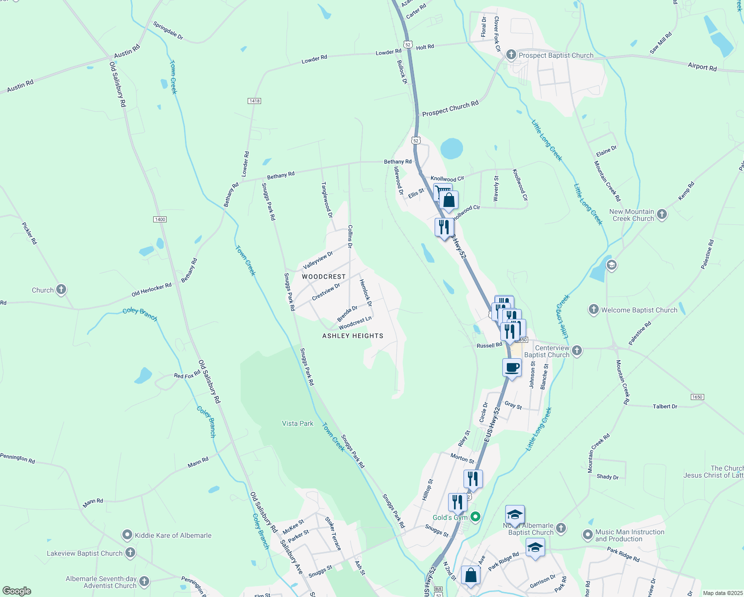 map of restaurants, bars, coffee shops, grocery stores, and more near 1900 Hemlock Drive in Albemarle