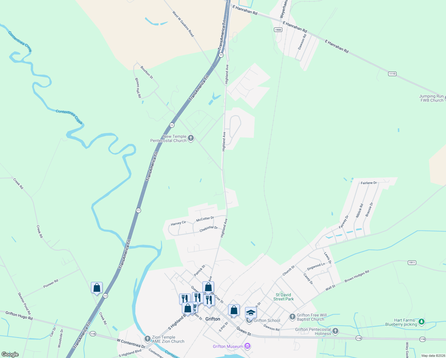 map of restaurants, bars, coffee shops, grocery stores, and more near Highland Ave in Grifton