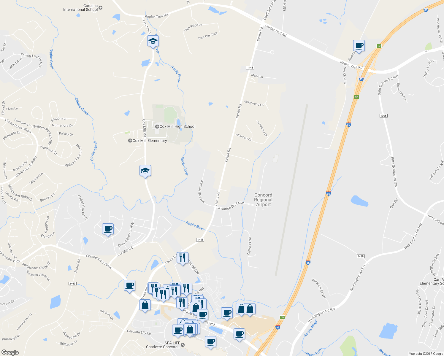 map of restaurants, bars, coffee shops, grocery stores, and more near Derita Road in Concord