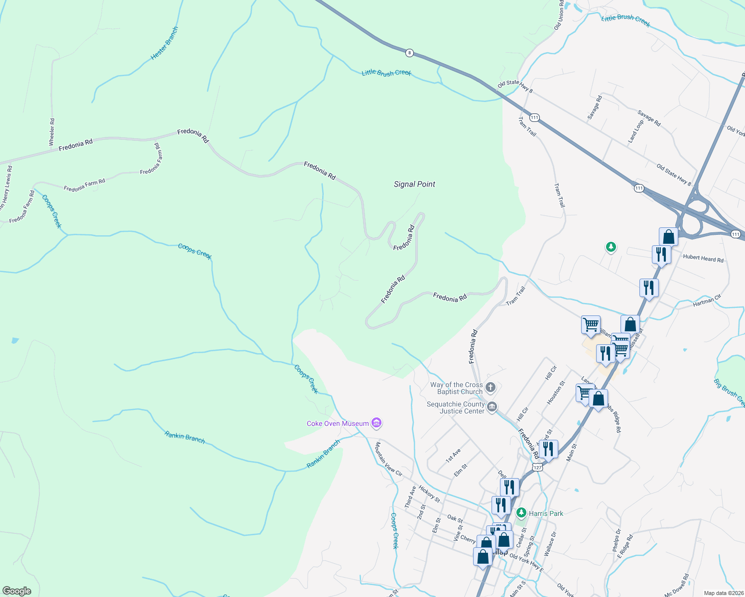 map of restaurants, bars, coffee shops, grocery stores, and more near 2003 Fredonia Road in Dunlap
