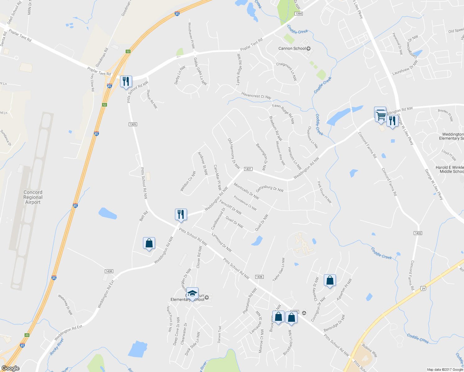 map of restaurants, bars, coffee shops, grocery stores, and more near 6237 Monticello Drive Northwest in Concord