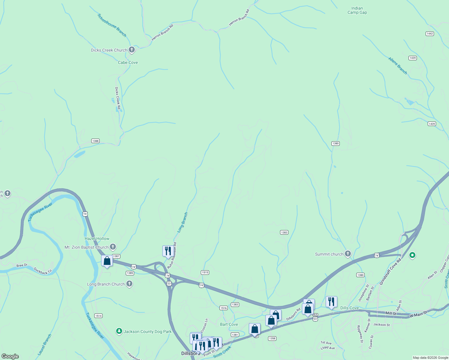 map of restaurants, bars, coffee shops, grocery stores, and more near 53 Montana Drive in Sylva