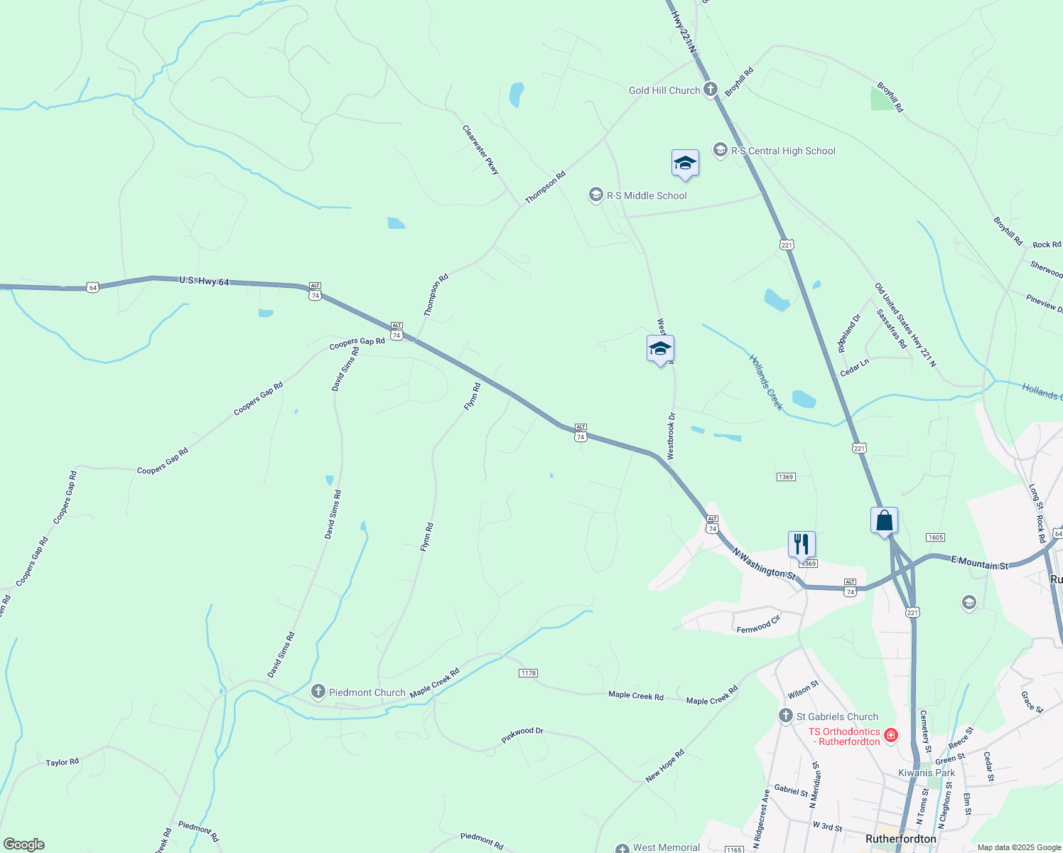 map of restaurants, bars, coffee shops, grocery stores, and more near Jamesfield Drive in Rutherfordton