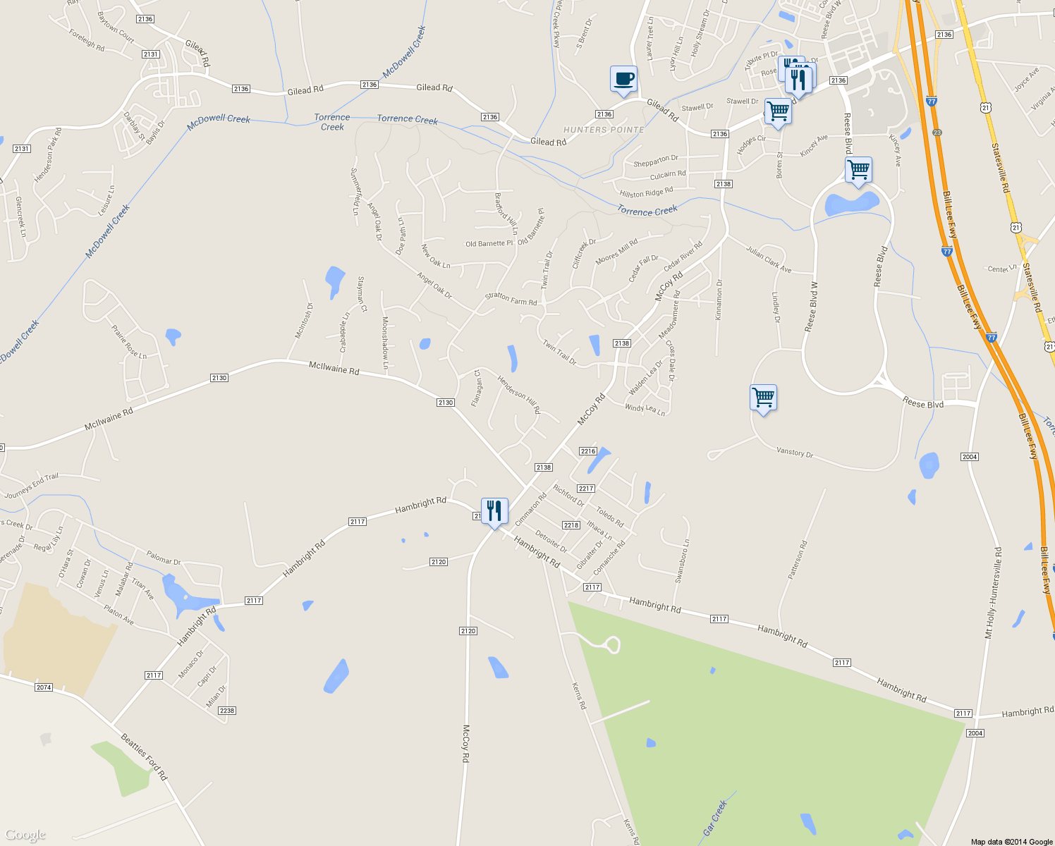 map of restaurants, bars, coffee shops, grocery stores, and more near 12015 Henderson Hill Road in Huntersville