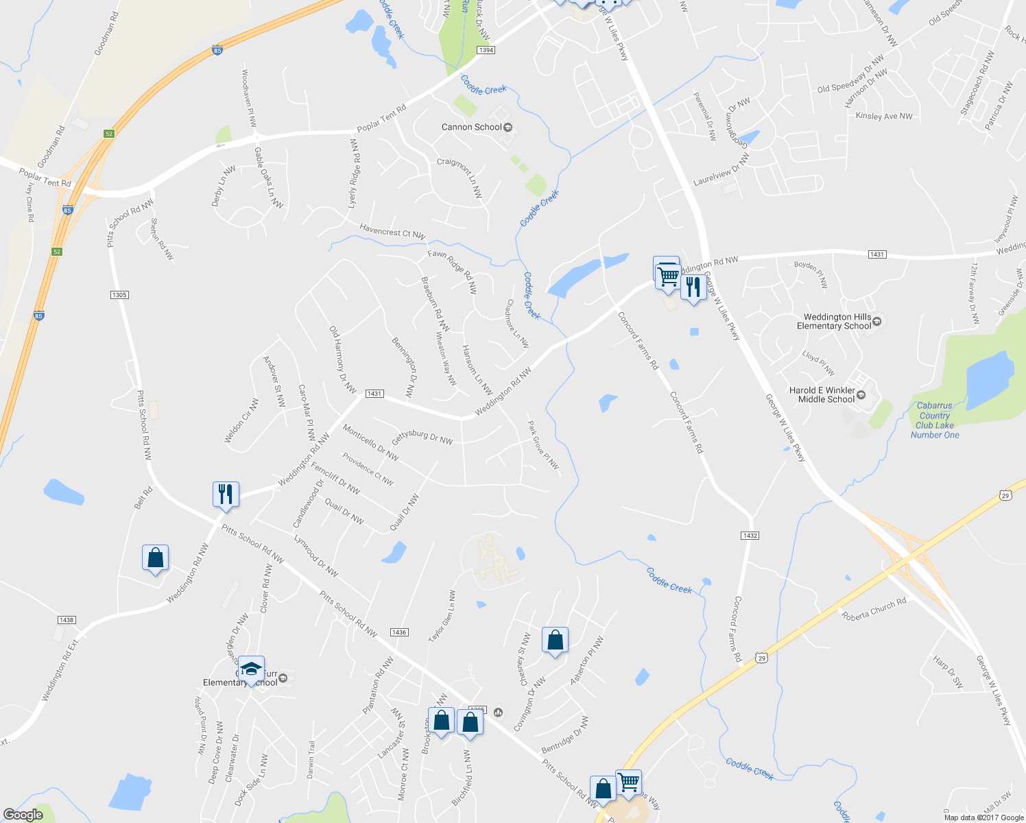 map of restaurants, bars, coffee shops, grocery stores, and more near 1718 Moreland Wood Trail Northwest in Concord