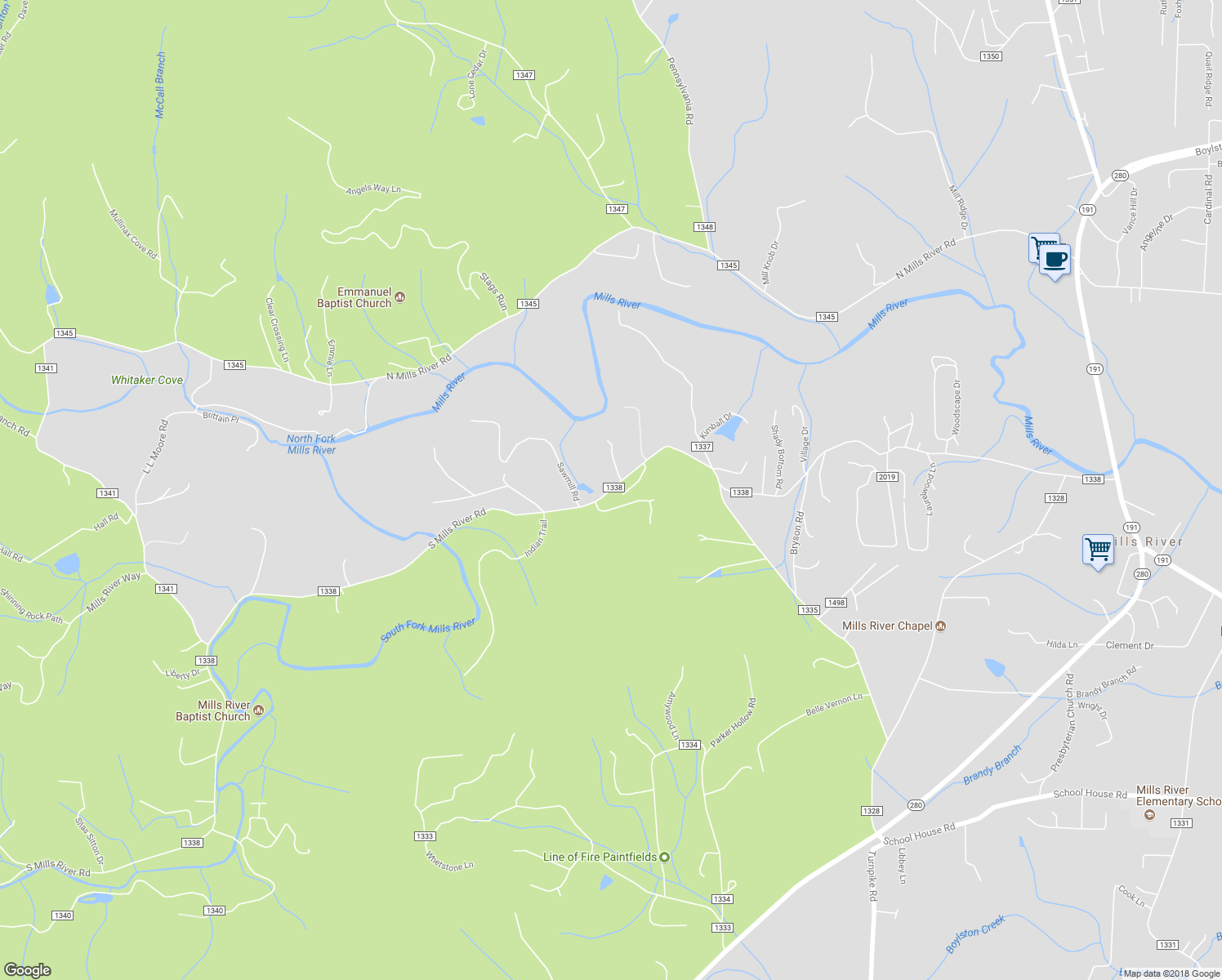 map of restaurants, bars, coffee shops, grocery stores, and more near 327 South Mills River Road in Mills River