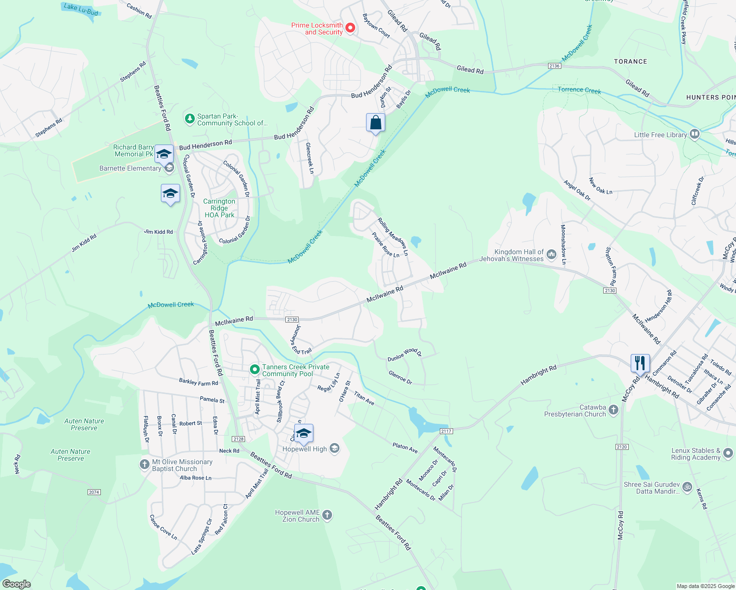 map of restaurants, bars, coffee shops, grocery stores, and more near 7515 McIlwaine Road in Huntersville