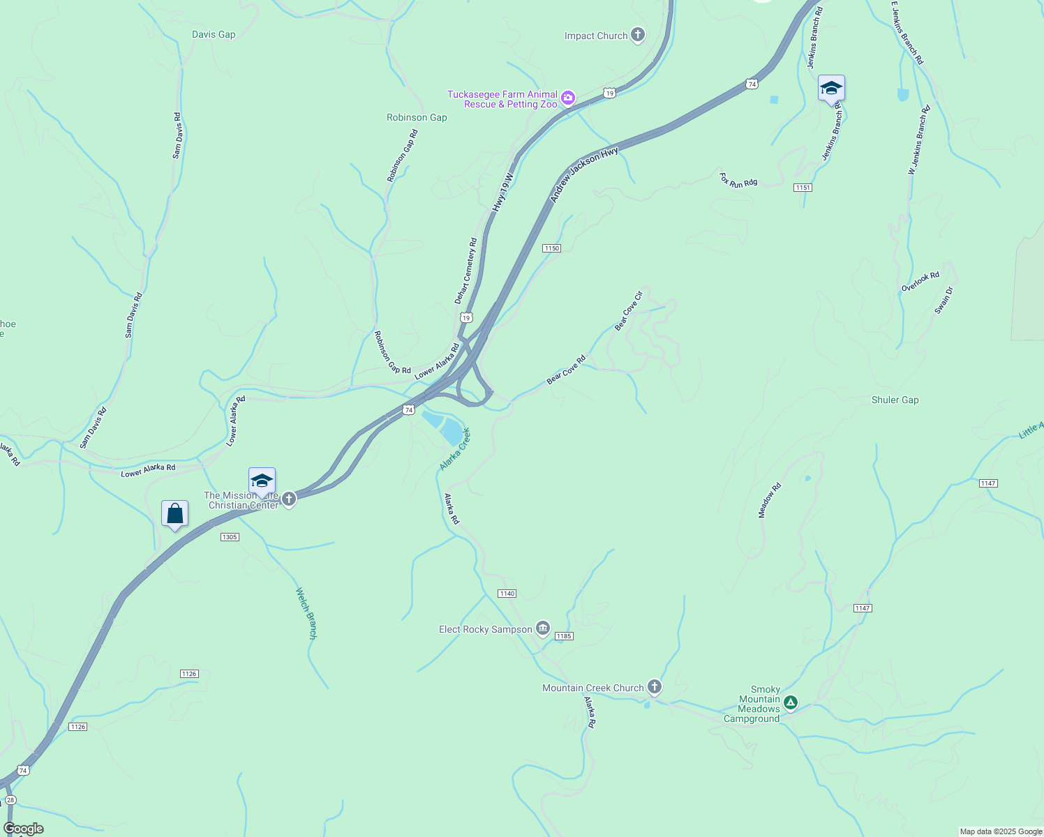 map of restaurants, bars, coffee shops, grocery stores, and more near 325 Alarka Road in Bryson City