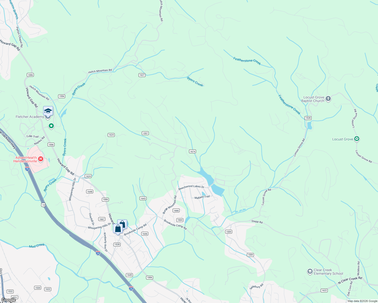 map of restaurants, bars, coffee shops, grocery stores, and more near 101 Foothills Drive in Hendersonville
