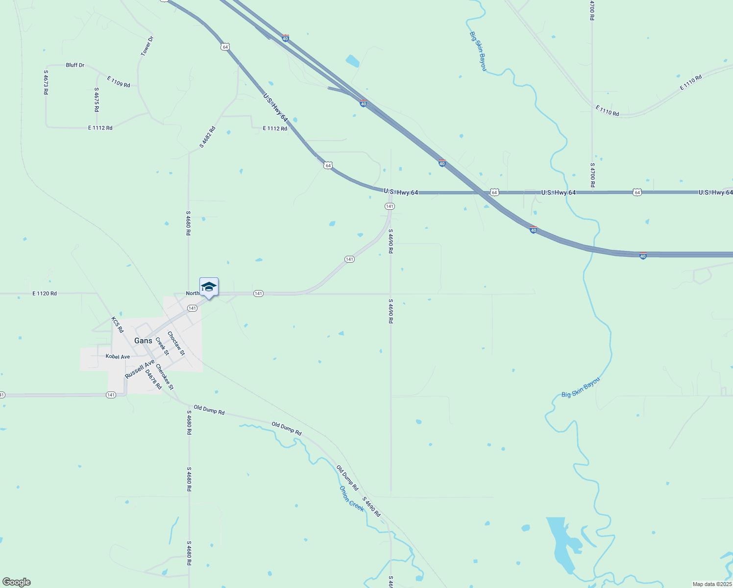 map of restaurants, bars, coffee shops, grocery stores, and more near E1120 Rd in Muldrow