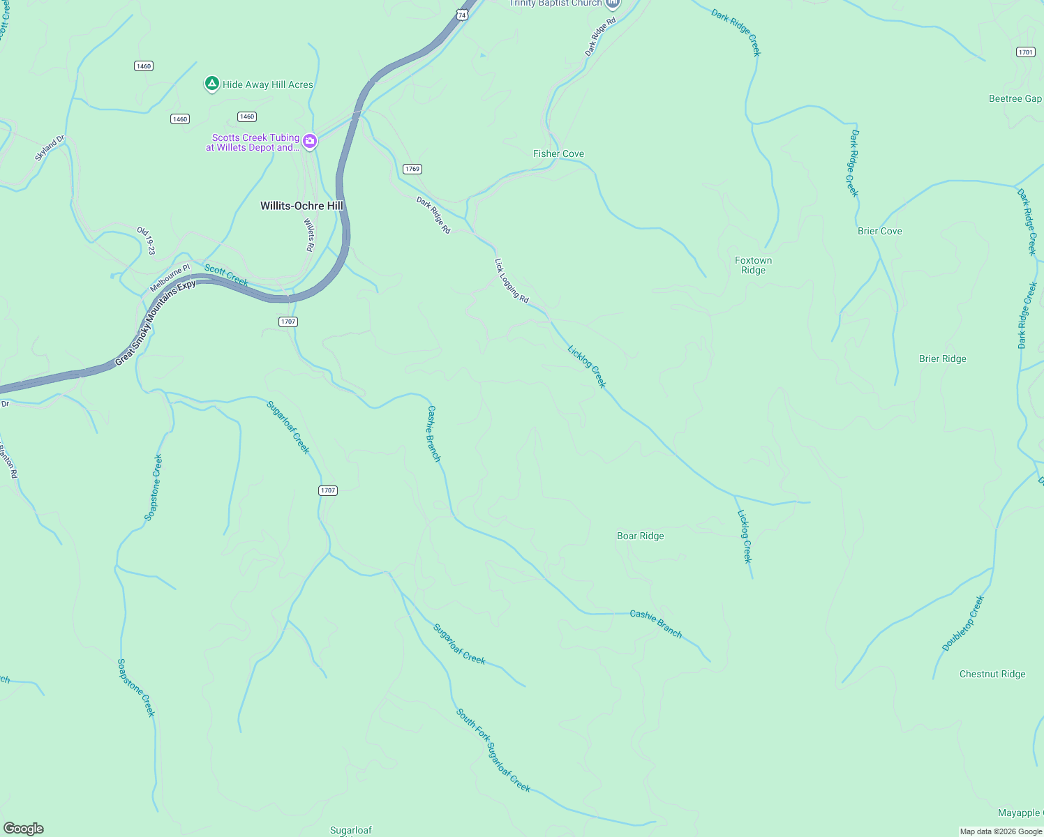 map of restaurants, bars, coffee shops, grocery stores, and more near 696 Boar Ridge Road in Sylva