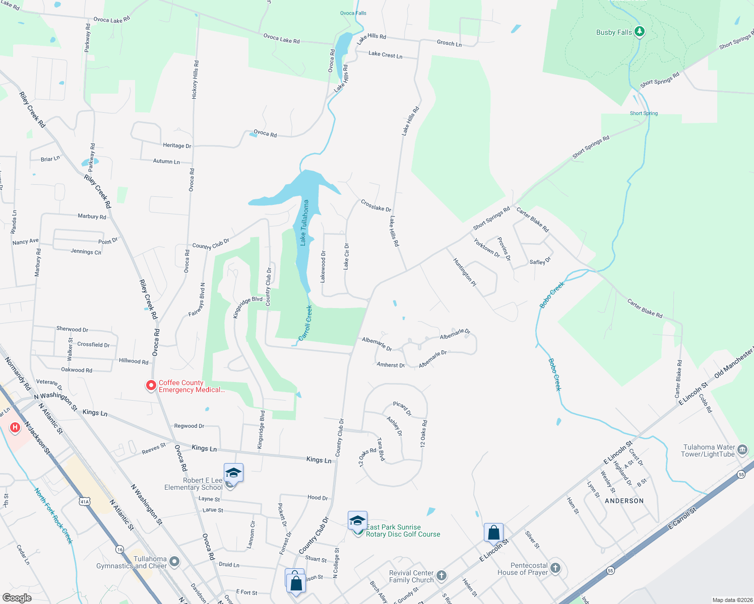 map of restaurants, bars, coffee shops, grocery stores, and more near 114 Short Springs Road in Tullahoma