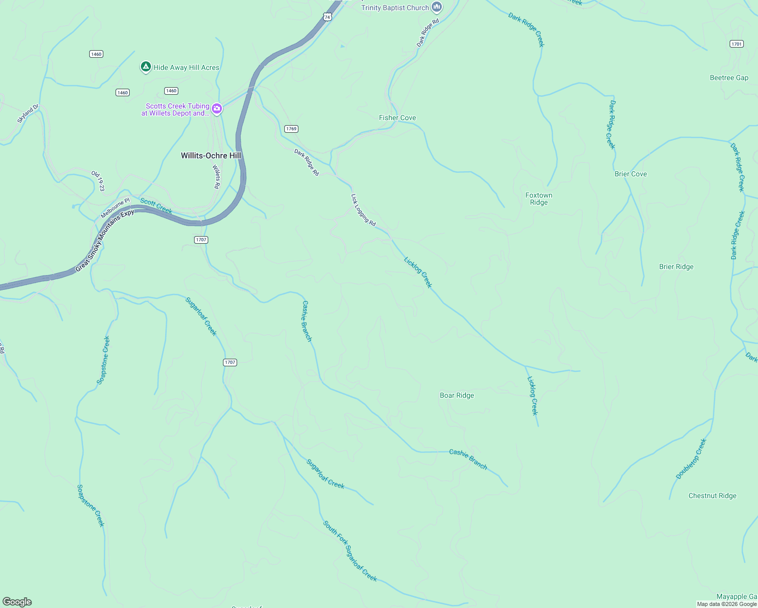 map of restaurants, bars, coffee shops, grocery stores, and more near 696 Boar Ridge Road in Sylva