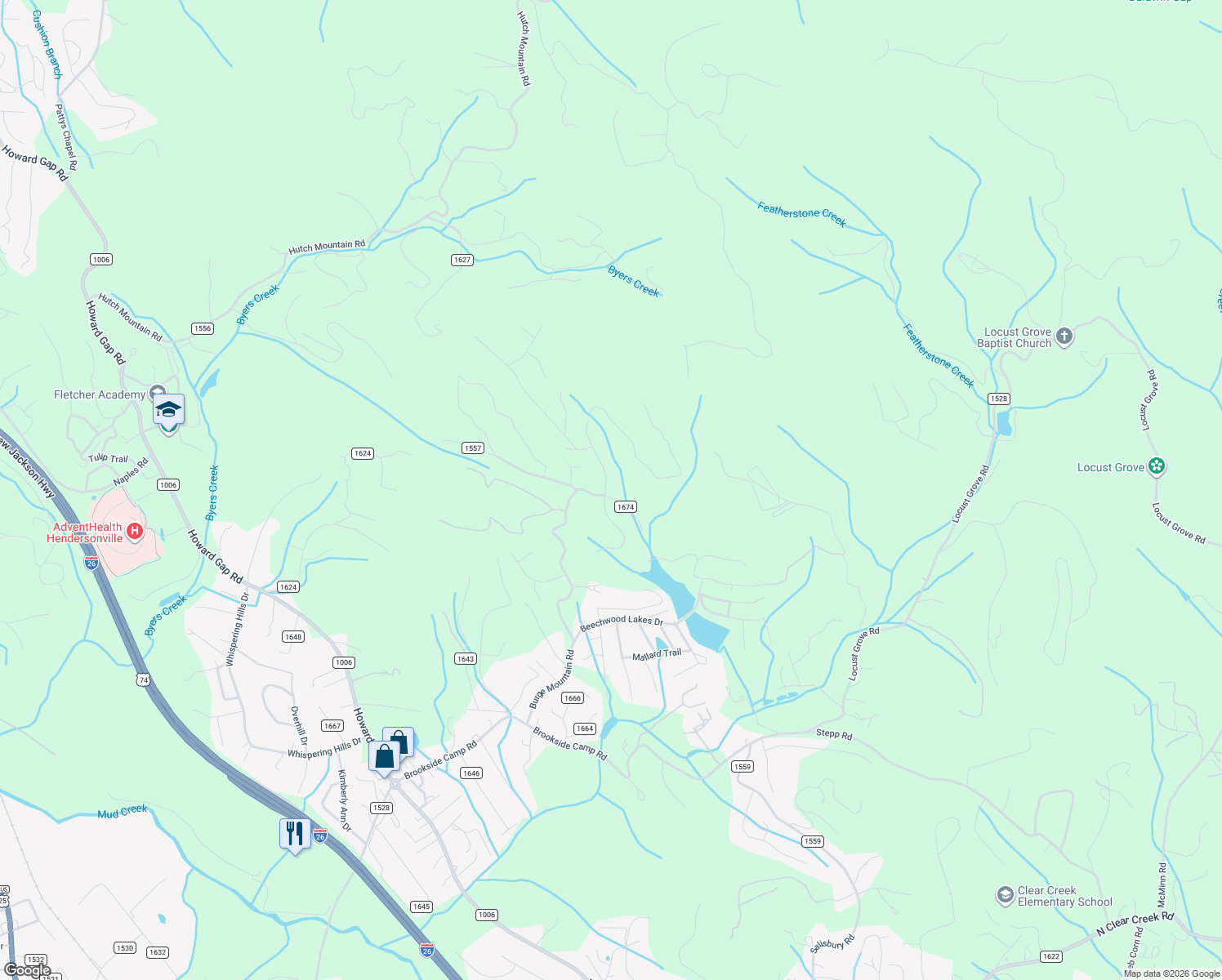 map of restaurants, bars, coffee shops, grocery stores, and more near 101 Foothills Drive in Hendersonville