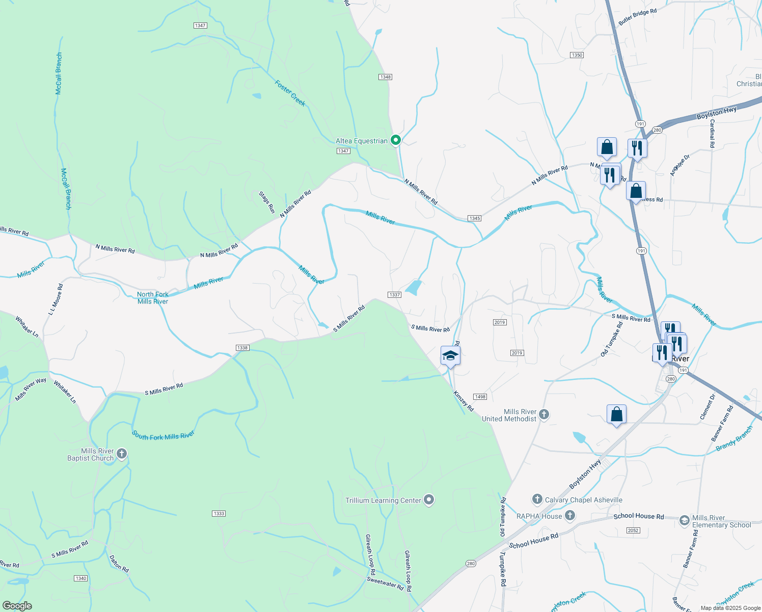 map of restaurants, bars, coffee shops, grocery stores, and more near 327 South Mills River Road in Mills River