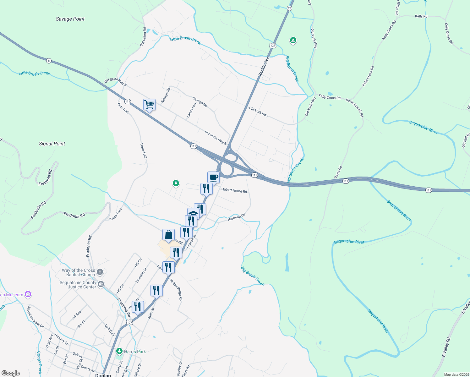 map of restaurants, bars, coffee shops, grocery stores, and more near 119 Hubert Heard Road in Dunlap