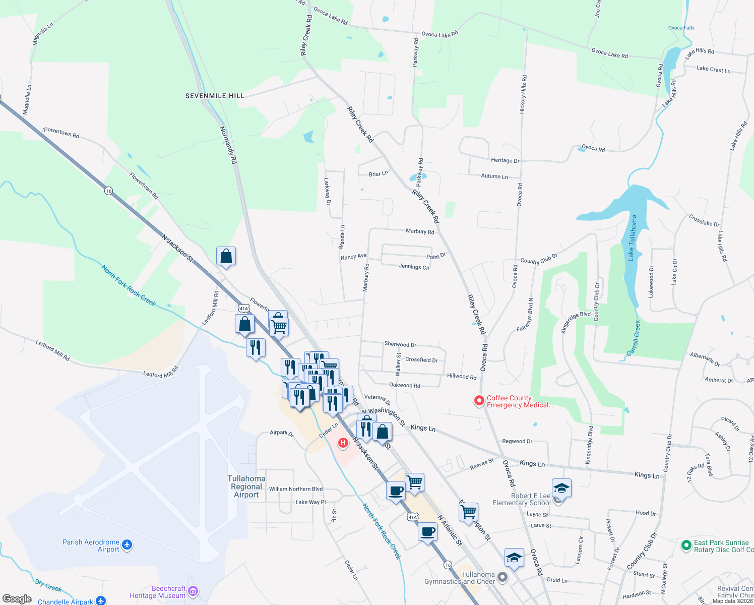 map of restaurants, bars, coffee shops, grocery stores, and more near 420 Marbury Road in Tullahoma