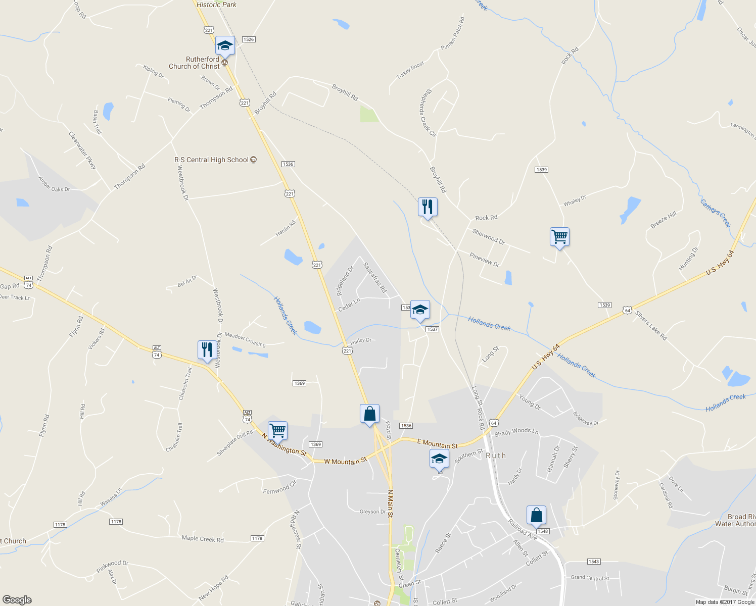 map of restaurants, bars, coffee shops, grocery stores, and more near 218 Cedar Lane in Rutherfordton